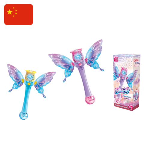Varita magica de burbujas con forma de mariposa rosa de 5 agujeros (color solido. mezcla de 2 colores) con luces y alas. incluye 2 botellas de agua para burbujas de 65 ml y funciona con 3 pilas tamaño 5. 6255